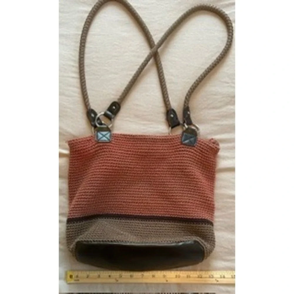 Croft & Barrow Crochet Knit Shoulder Bag Coral Taupe Colorblock Faux Leather